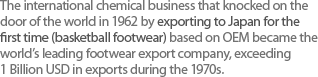 1962년 주문자 생산방식으로 농구화를 일본에 첫 수출하며 세계시장에 문을 두드린 국제화학은 70년대에 수출액 10억불의 고지를 넘으며 세계 최고의 신발 수출 회사가 되었다.