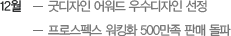 12월 -굿디자인 어워드 우수디자인 선정 -프로스펙스 워킹화 500만족 판매 돌파